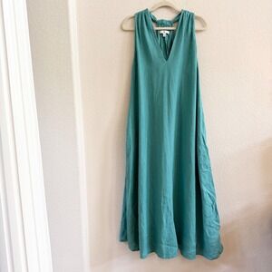 Banana Republic 100% Linen V-Neck Maxi Dress Teal Green Sleeveless Pockets L